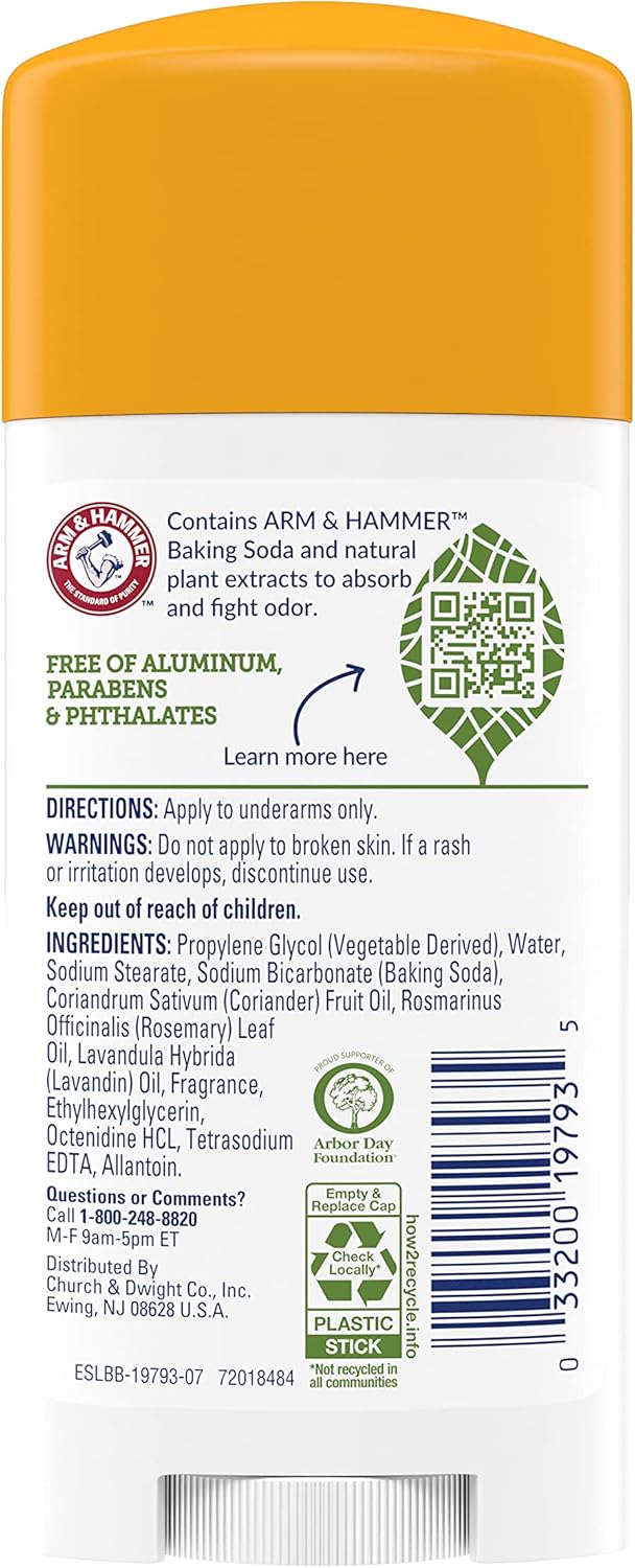 Arm & Hammer Essentials Fresh Rosemary Lavender stick deodorant, yellow packaging