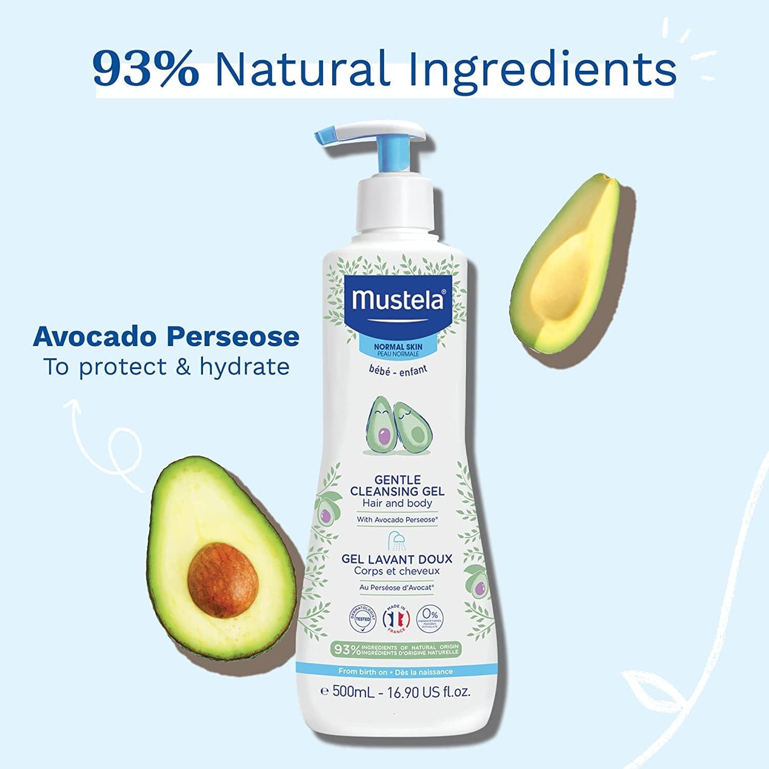 Mustela Gentle Cleansing Gel with Avocado, 500ml pump bottle for hair and body