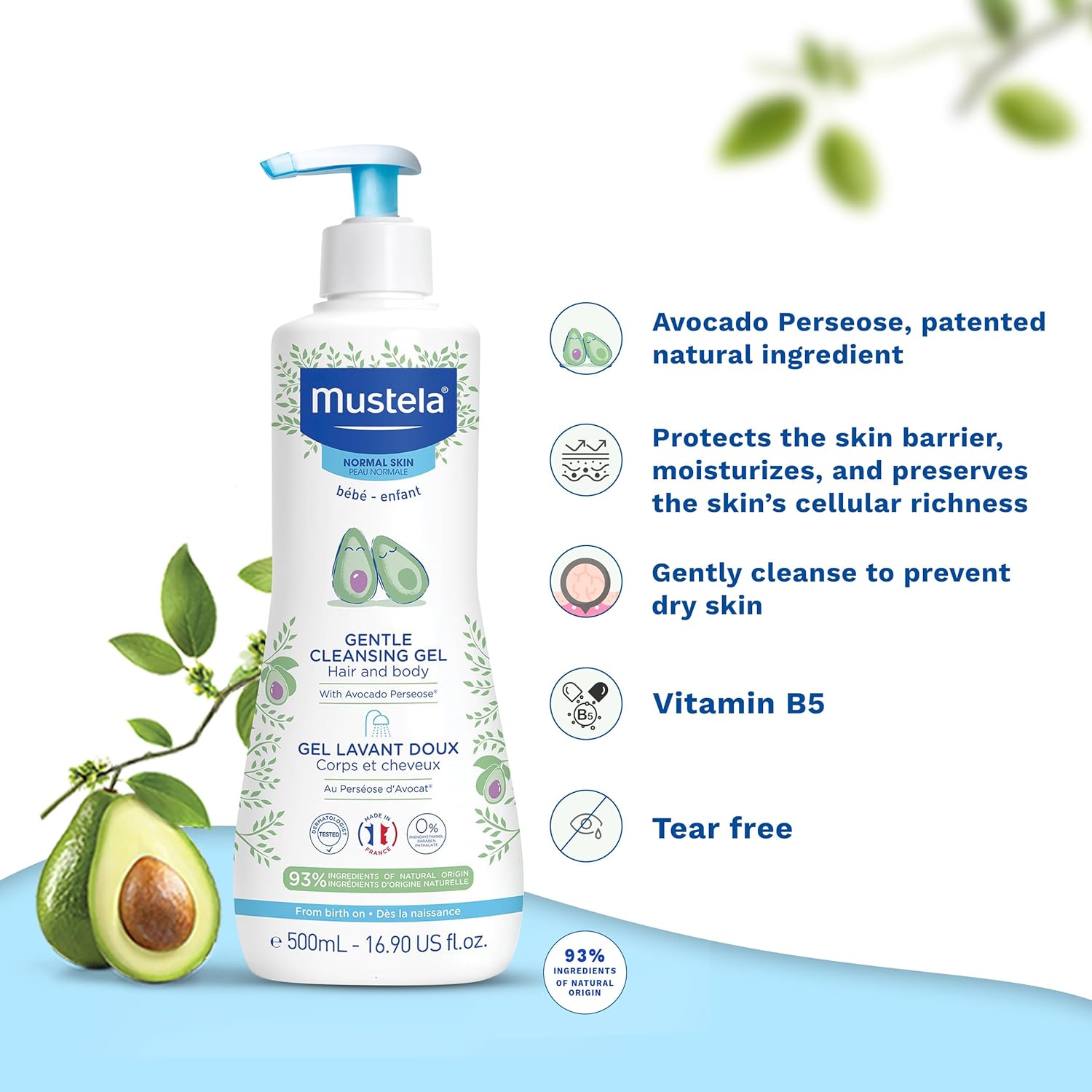 Mustela Gentle Cleansing Gel with Avocado, 500ml pump bottle for normal skin