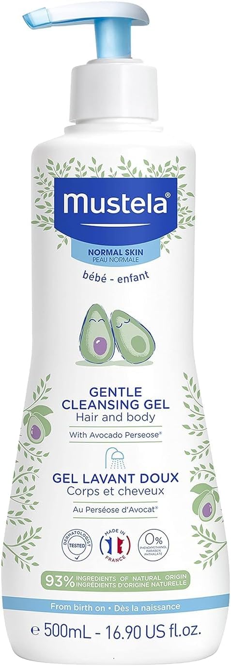 Mustela Gentle Cleansing Gel with Avocado, 500ml white pump bottle
