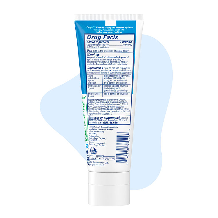 Orajel Kids PAW Patrol anticavity fluoride toothpaste tube with blue label