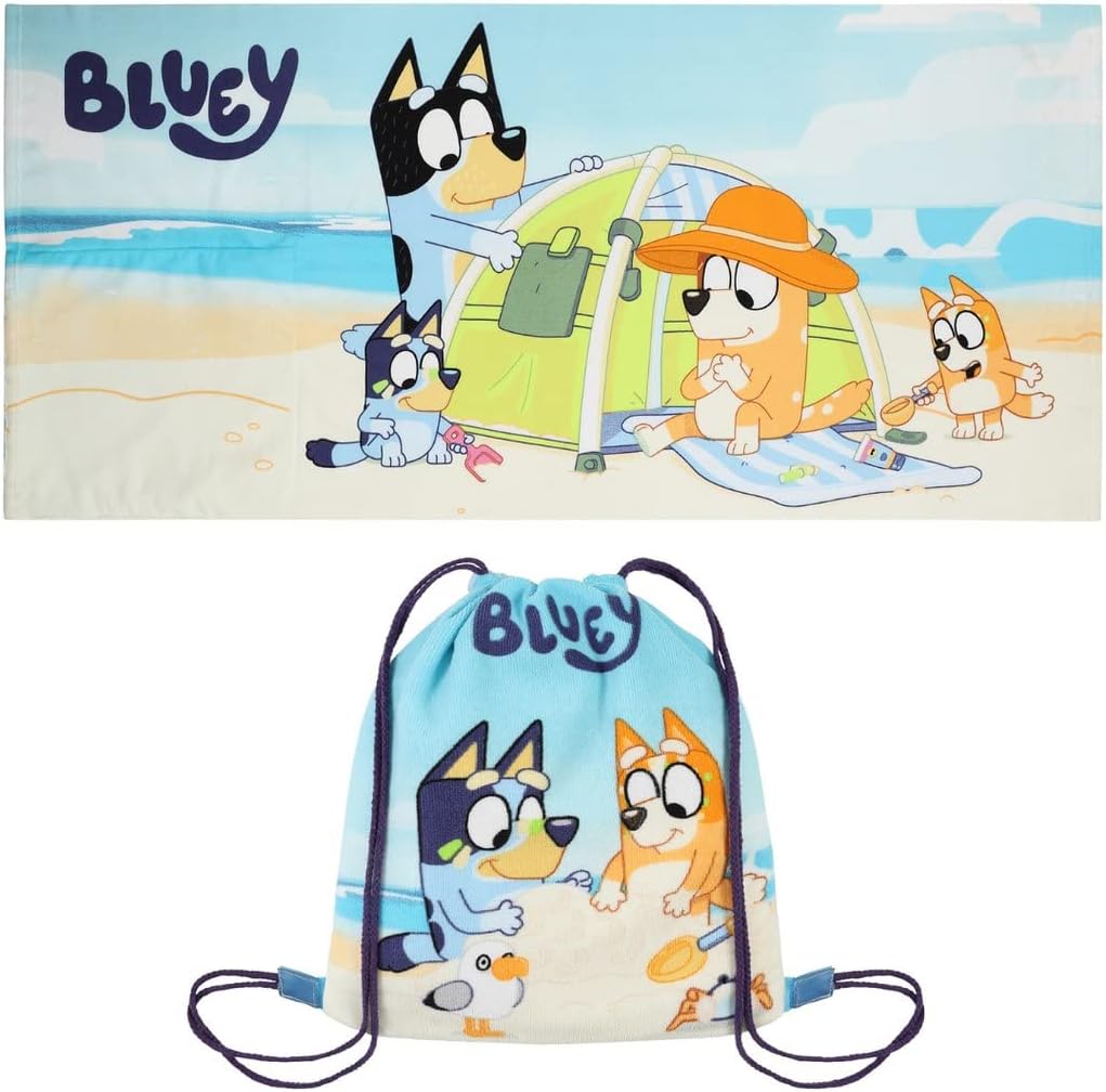 Bluey ice cream fold-out towel backpack with drawstring handles and beach design