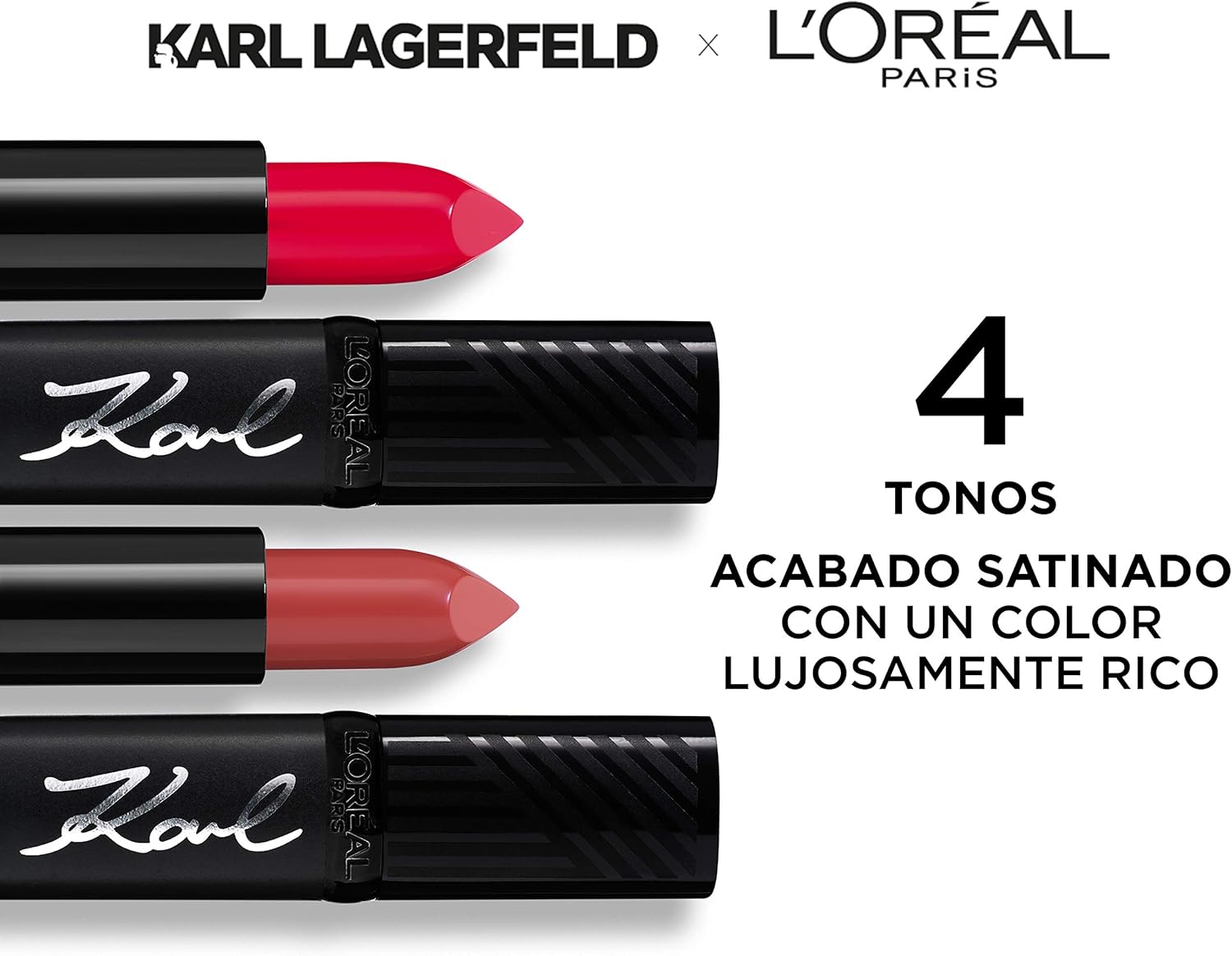 L'Oreal Paris Karl Lagerfeld satin lipstick in red and mauve shades