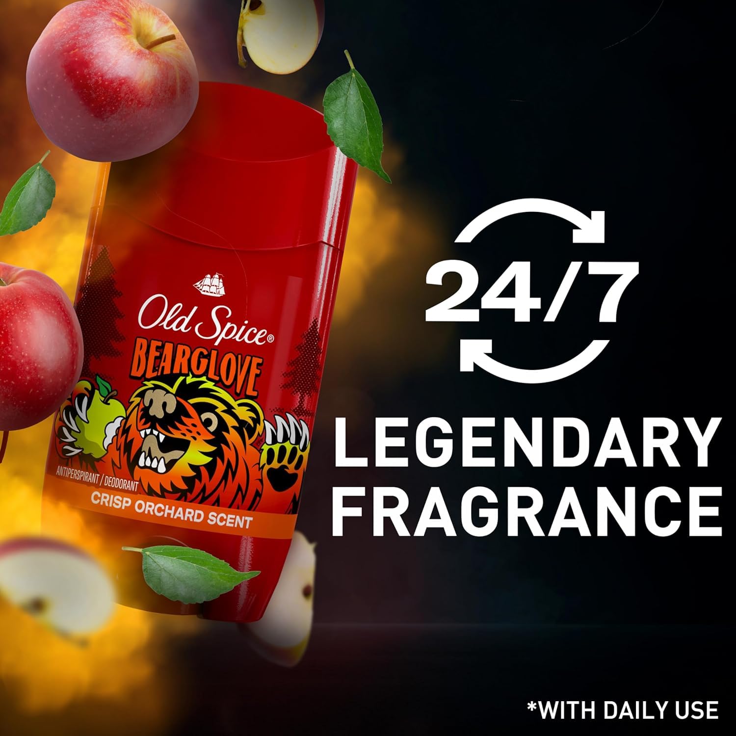 Old Spice Bearglove red deodorant stick, 3 oz size, crisp orchard scent