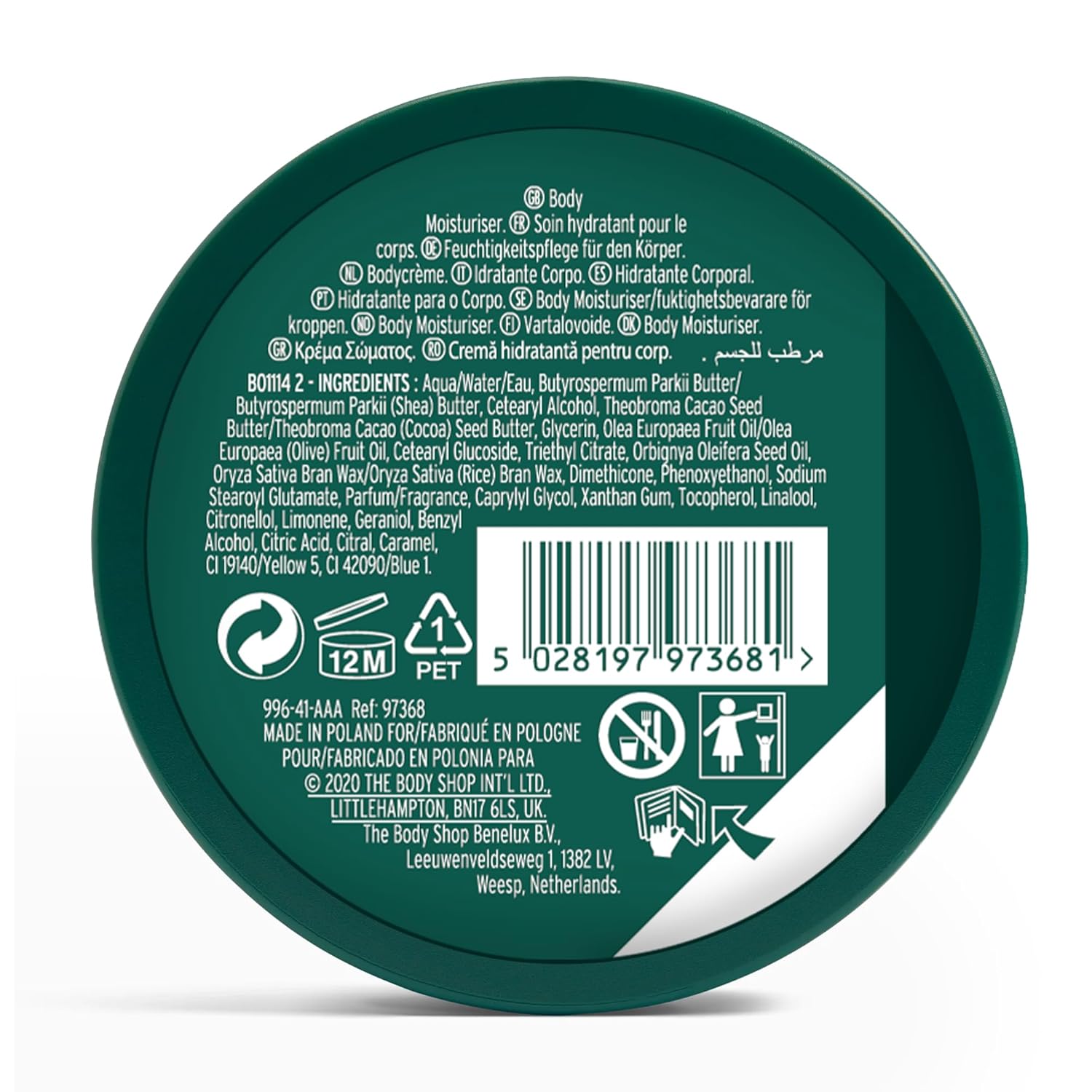 The Body Shop Olive Body Butter moisturiser 6.75 oz jar with green lid