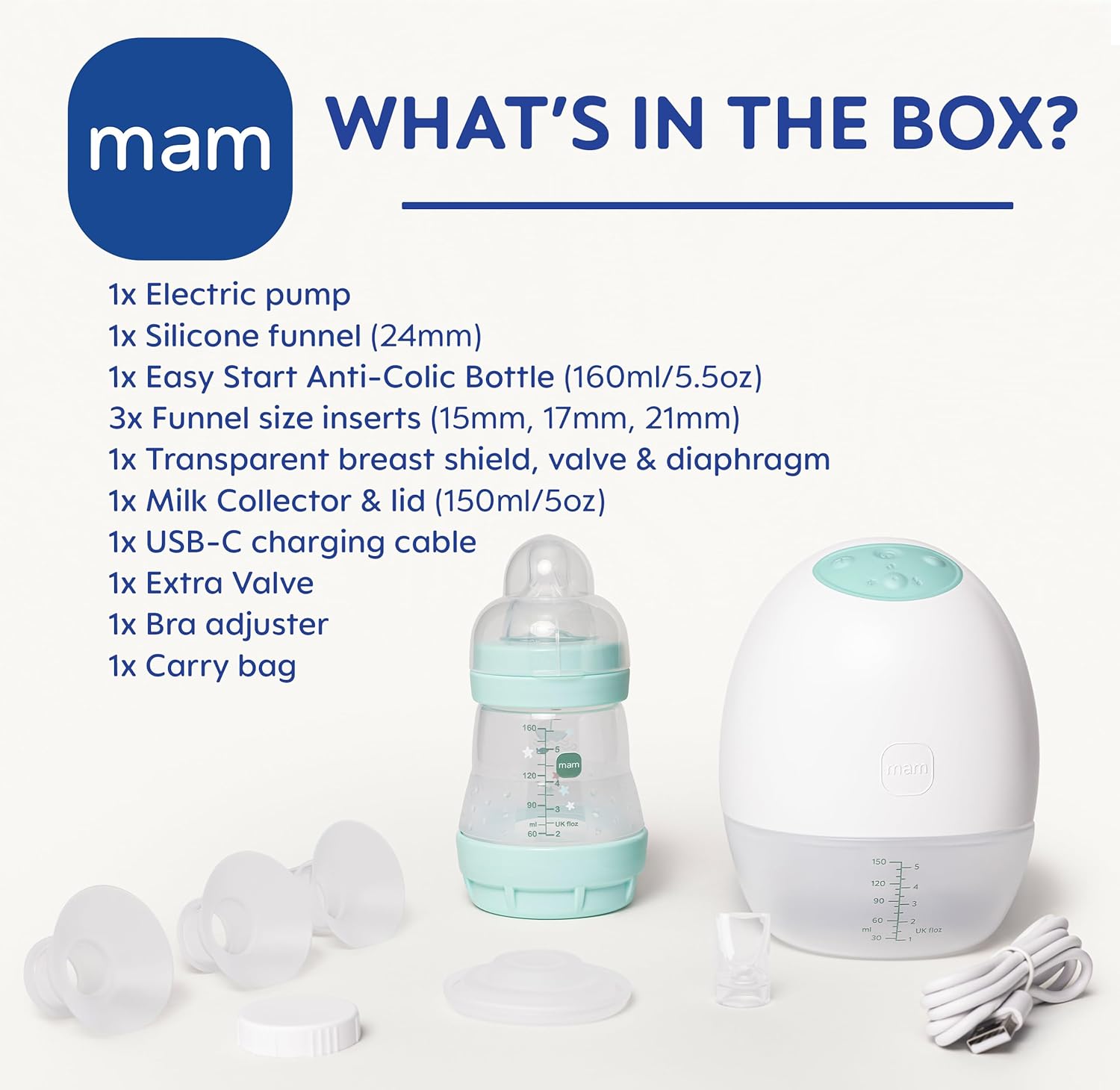 MAM Move wearable breast pump single with turquoise accents and accessories