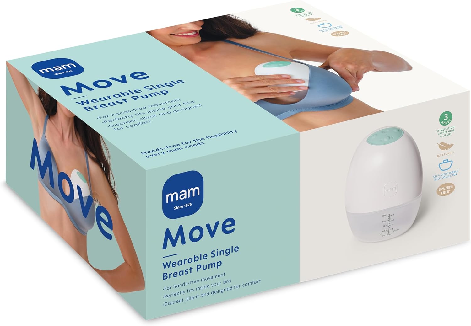 MAM Move white wearable single breast pump with turquoise trim
