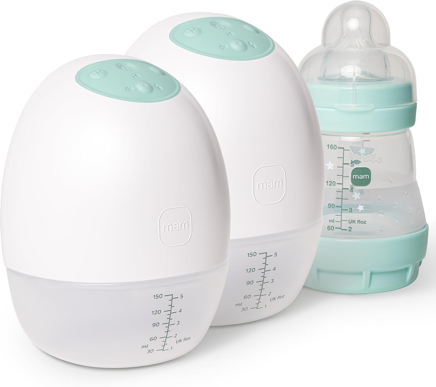 MAM Move Double Wearable Breast Pump white and mint green with bottle