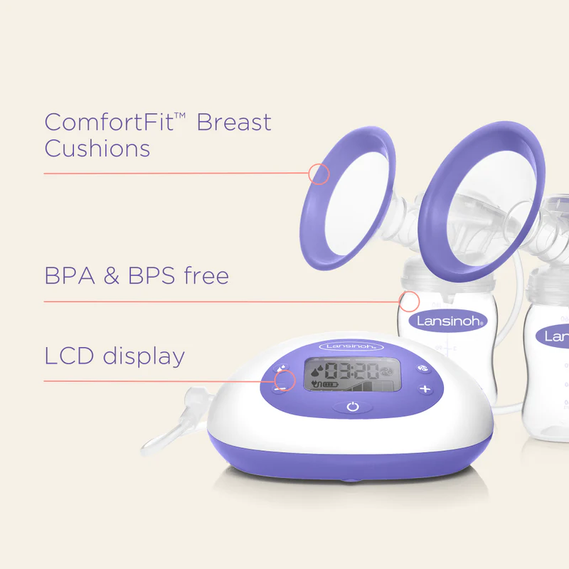 Lansinoh 2-in-1 electric breast pump purple with LCD display and cushions