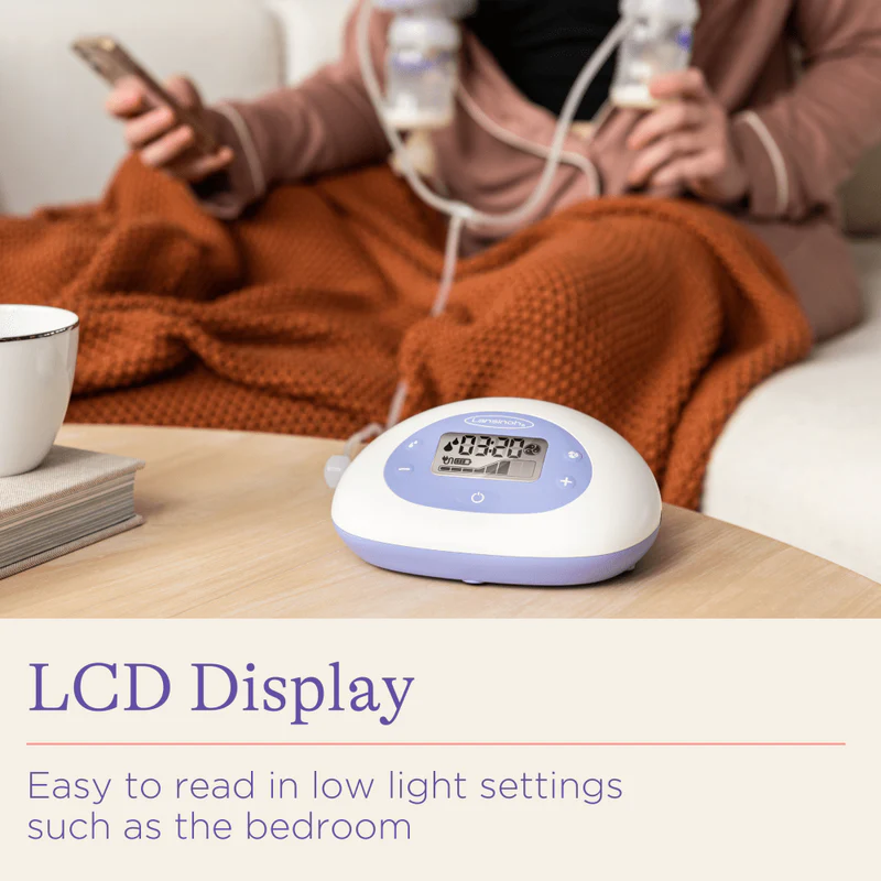 Lansinoh 2-in-1 electric breast pump with purple and white design, LCD display