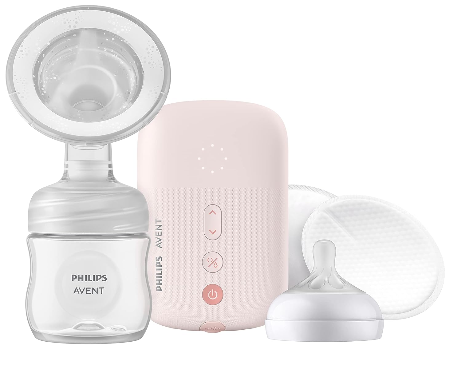 Philips Avent Comfort single electric breast pump in blush pink with bottle and accessories