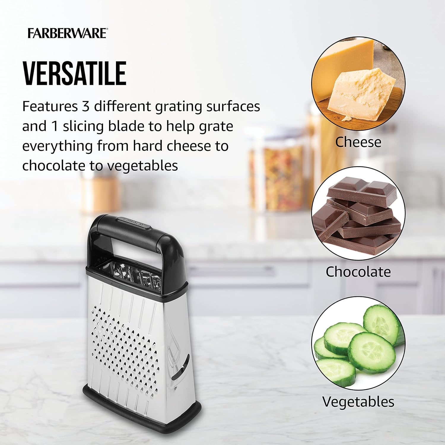 Farberware Versatile box grater with four sided grating surfaces and slicing blade