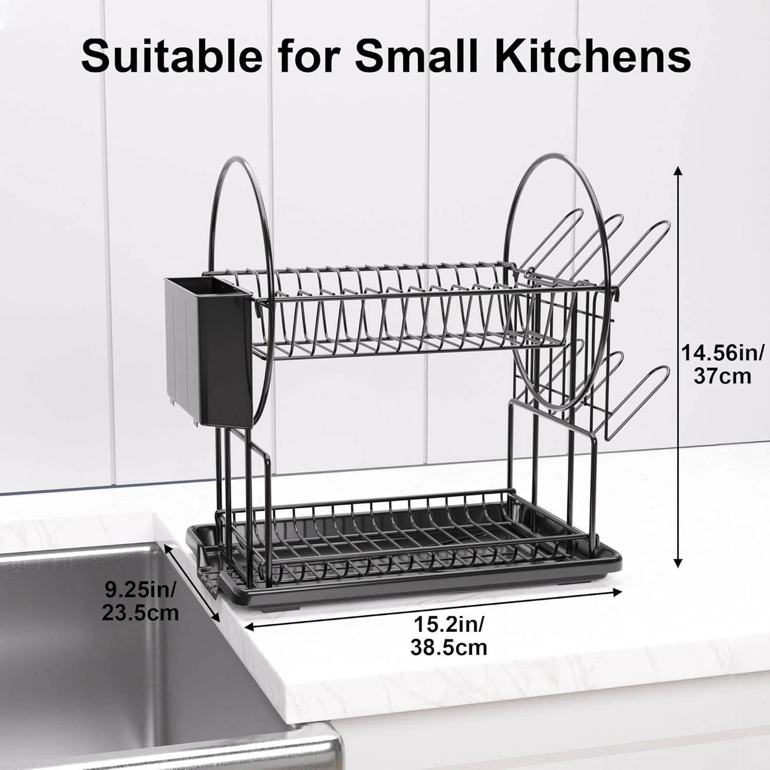 Belfry Kitchen Lovett black 2 tier dish rack with drainboard