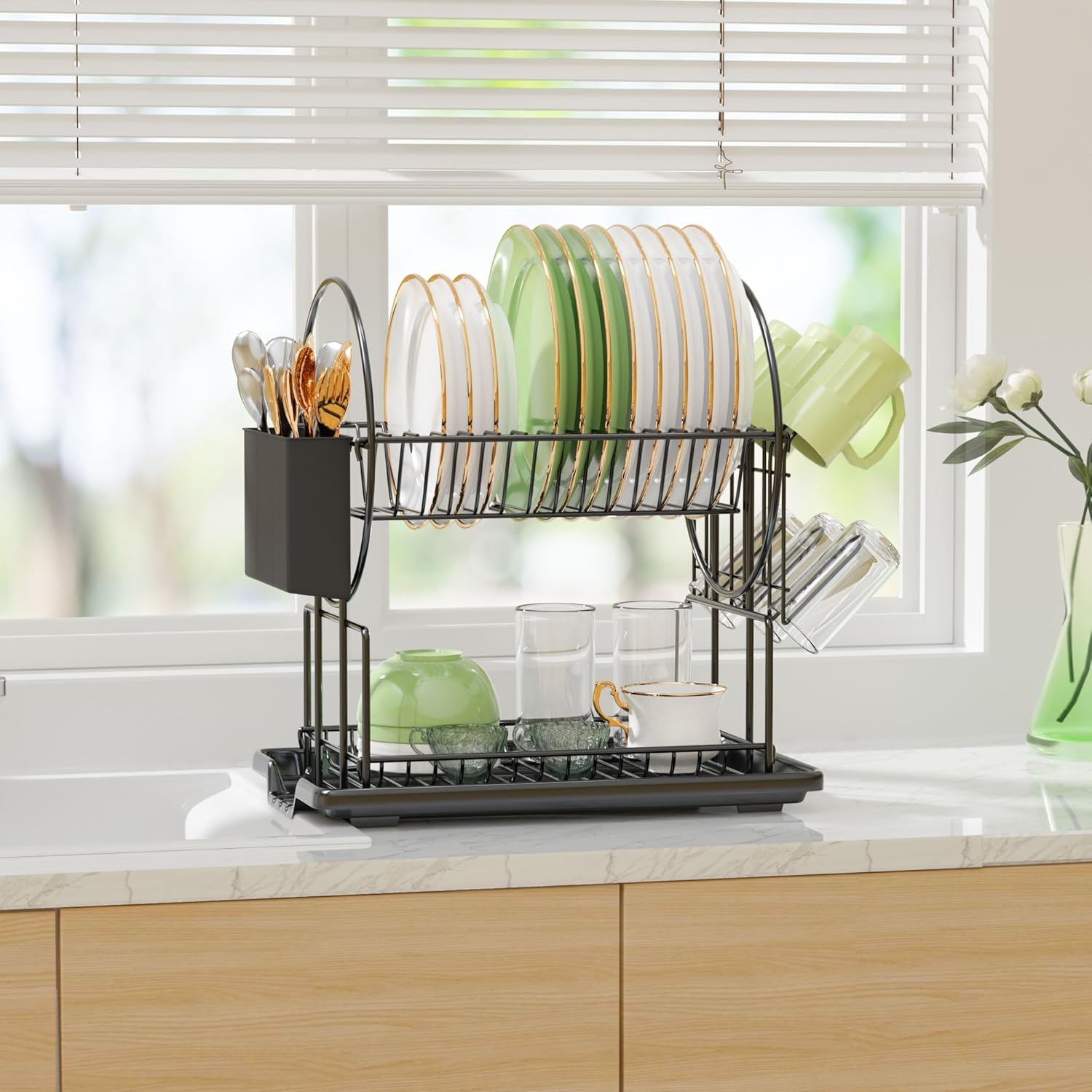 Belfry Kitchen Lovett black two tier dish rack with drainboard and utensil holder