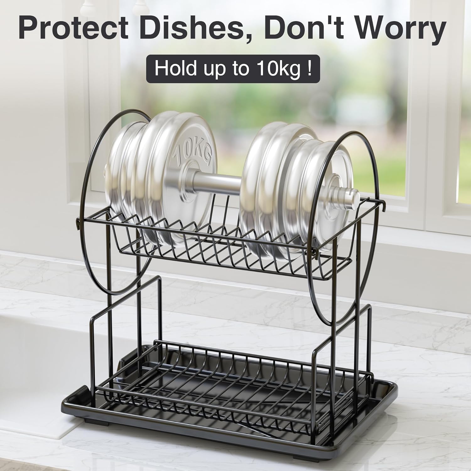 Belfry Kitchen Lovett black two tier dish rack with drip tray