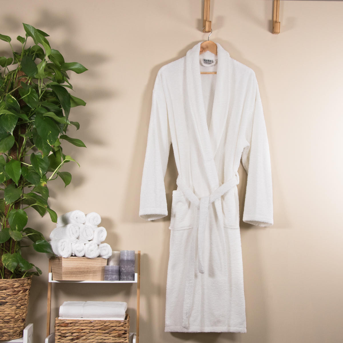 Konfor white Turkish cotton terry towelling bath robe with shawl collar
