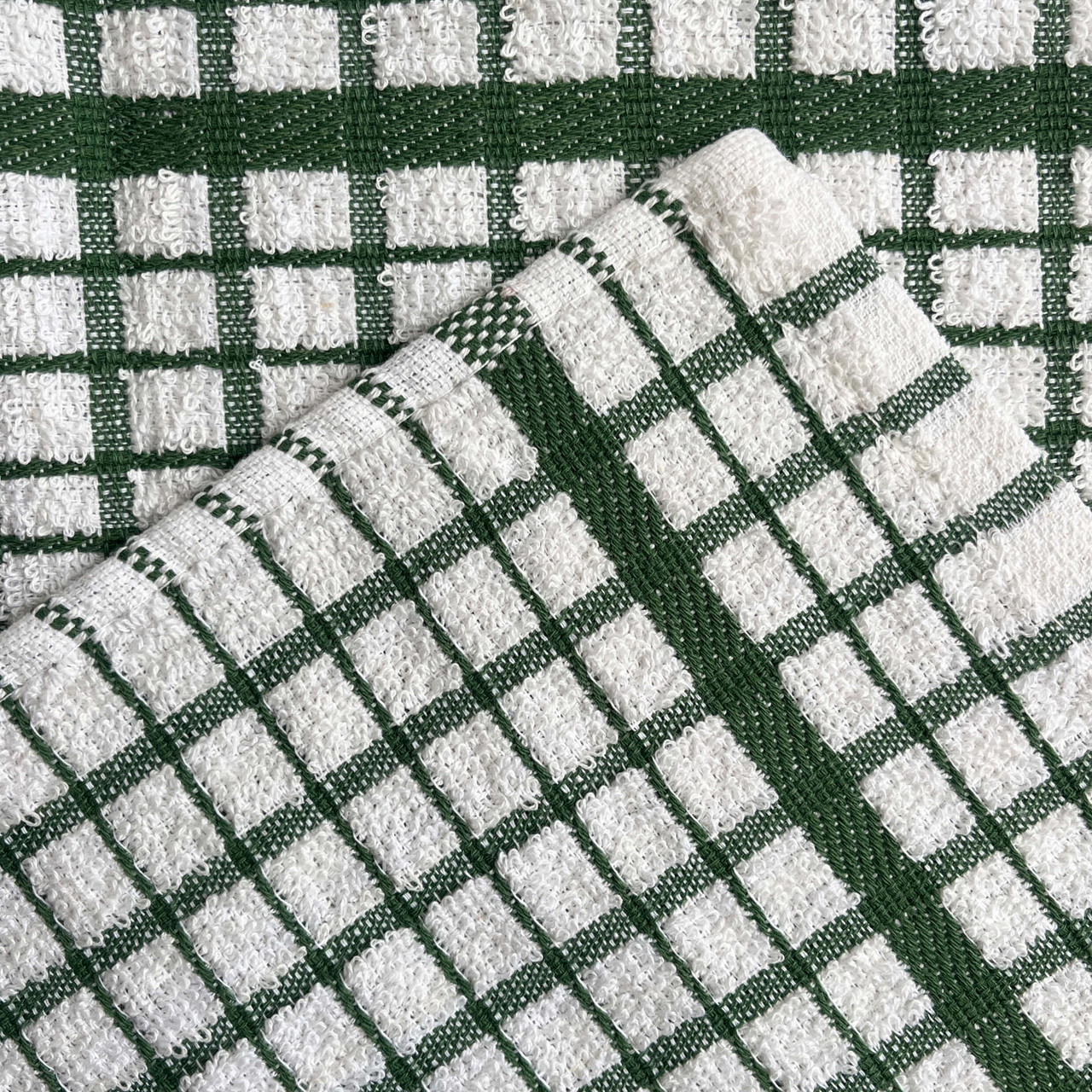 White Pearl cotton terry check tea towels, green and white, 100% cotton