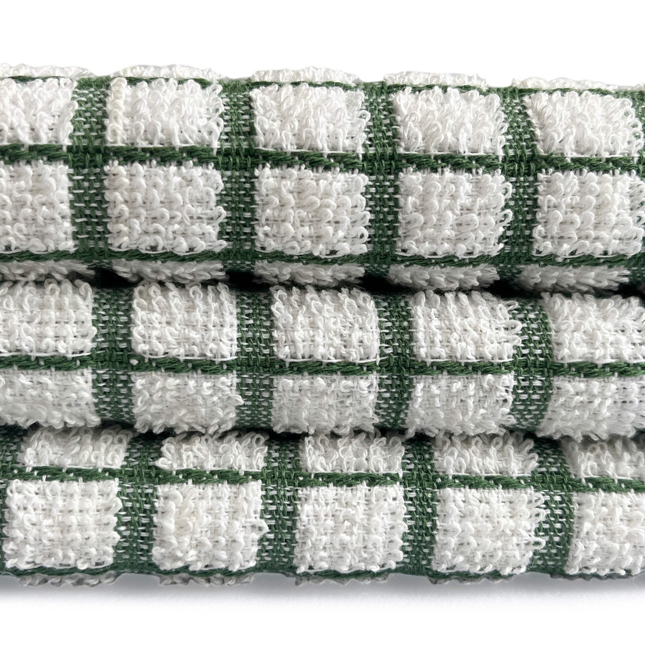 White Pearl green check 100% cotton terry tea towels, pack of six