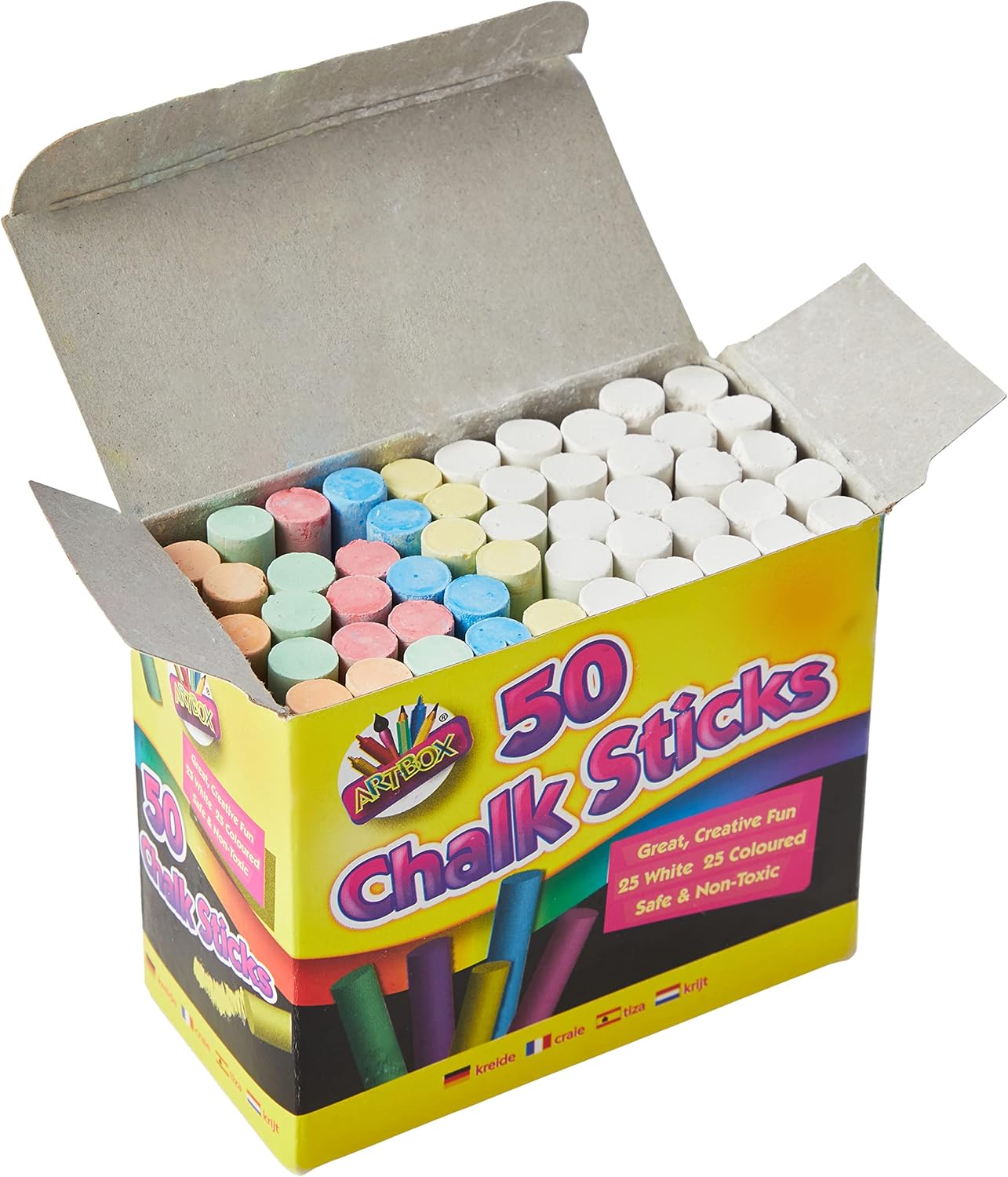 Artbox assorted chalk sticks 50 pack with coloured and white sticks