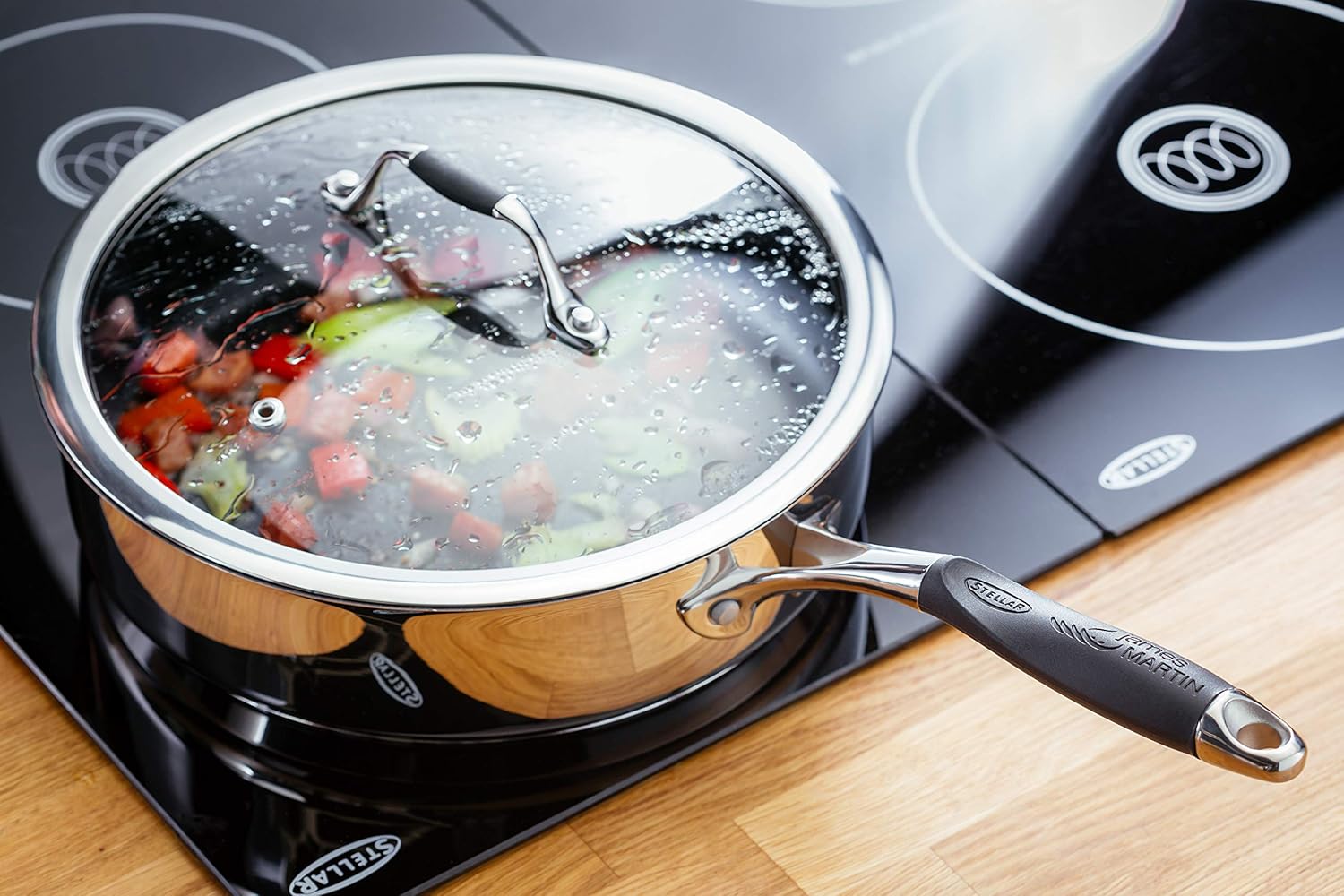 Stellar James Martin 24cm non-stick saute pan with glass lid and black handle
