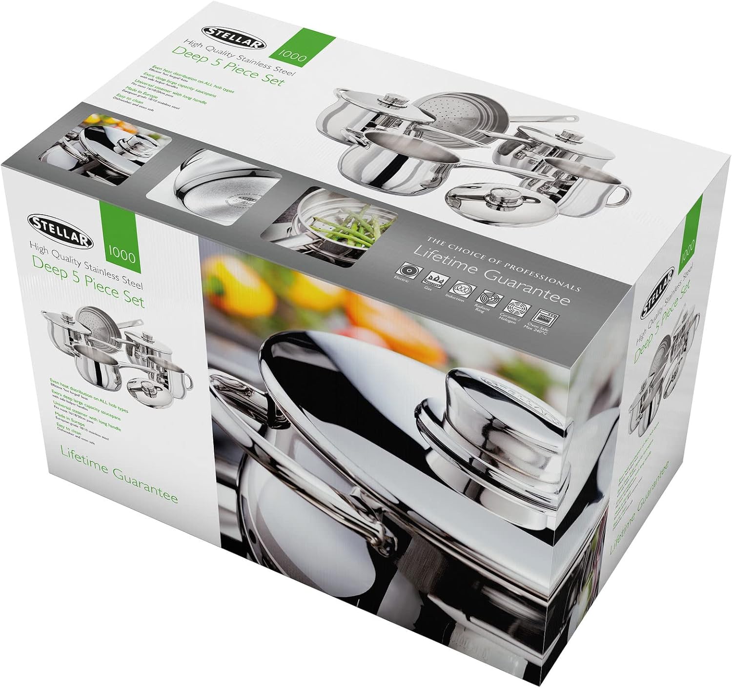 Stellar 1000 stainless steel deep saucepan five piece cookware set with lids