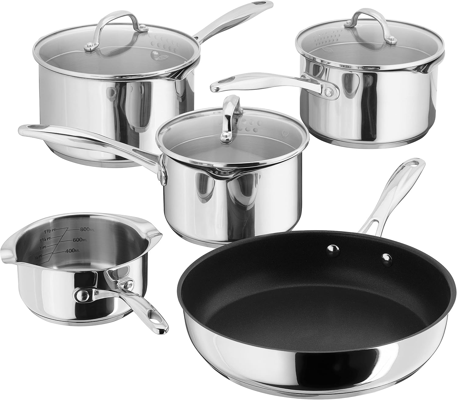 Stellar 7000 stainless steel 5-piece cookware set with strainer lids and frying pan