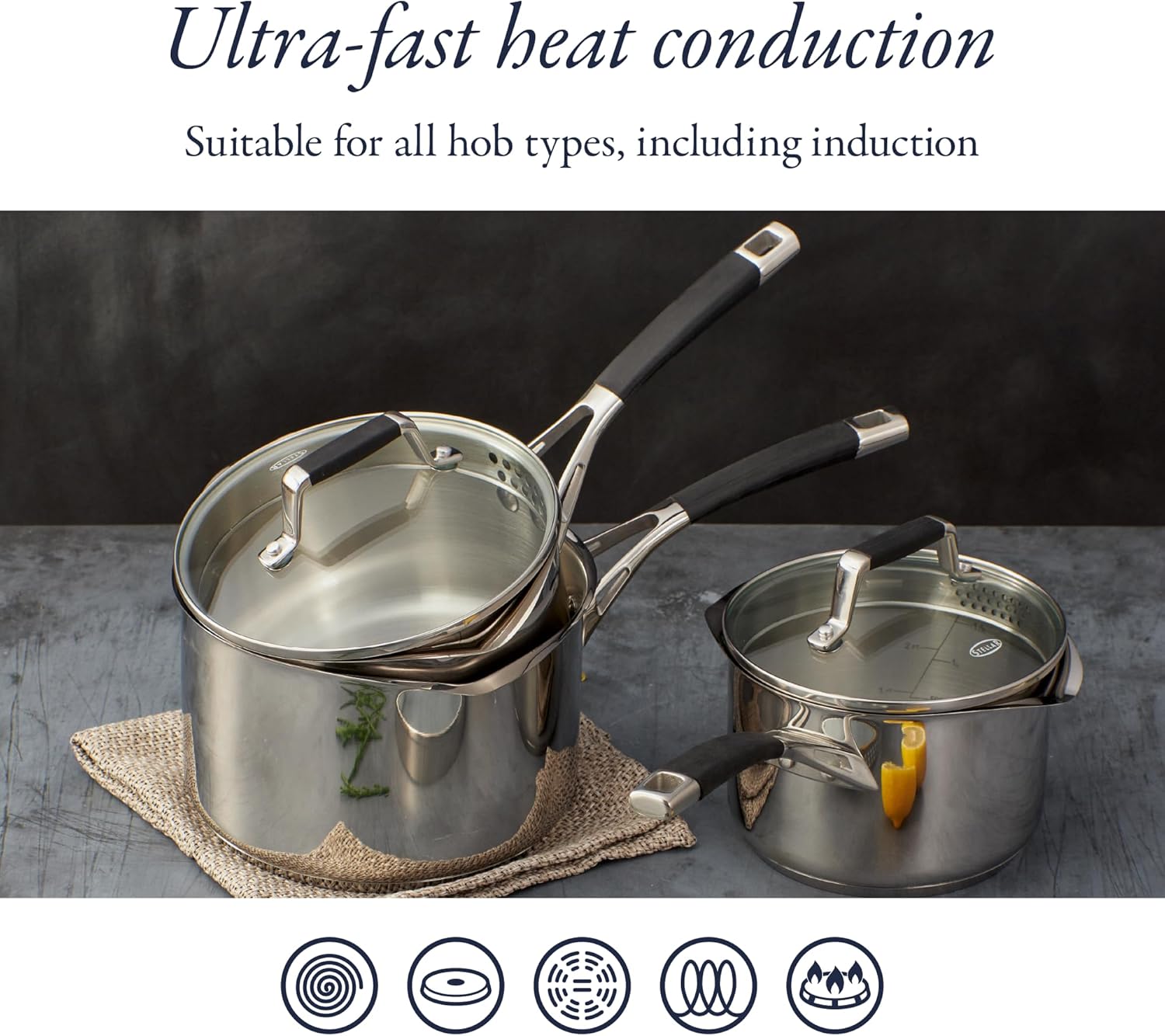 Stellar Profile S7C4D stainless steel 5-piece draining saucepan set with glass lids
