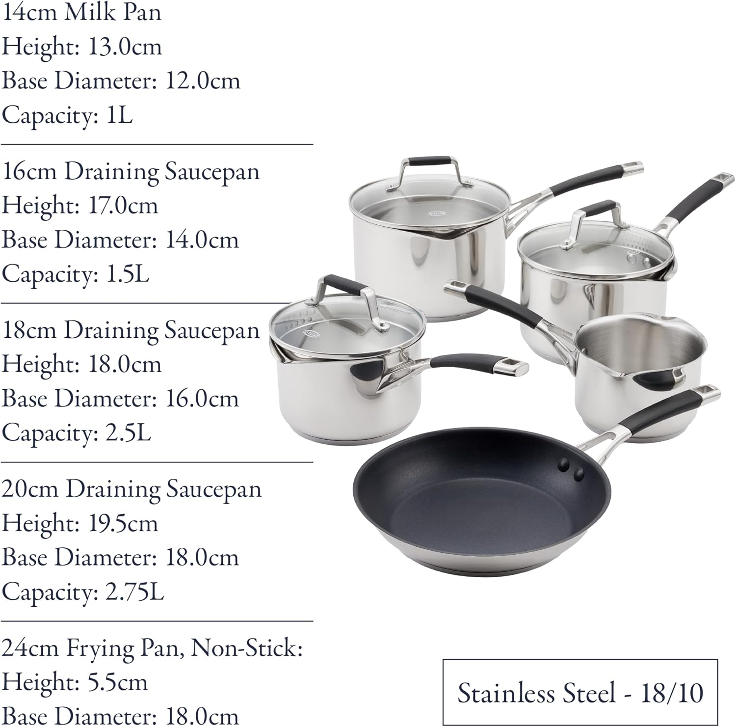 Stellar Profile S7C4D 5-piece stainless steel draining saucepan set with frying pan