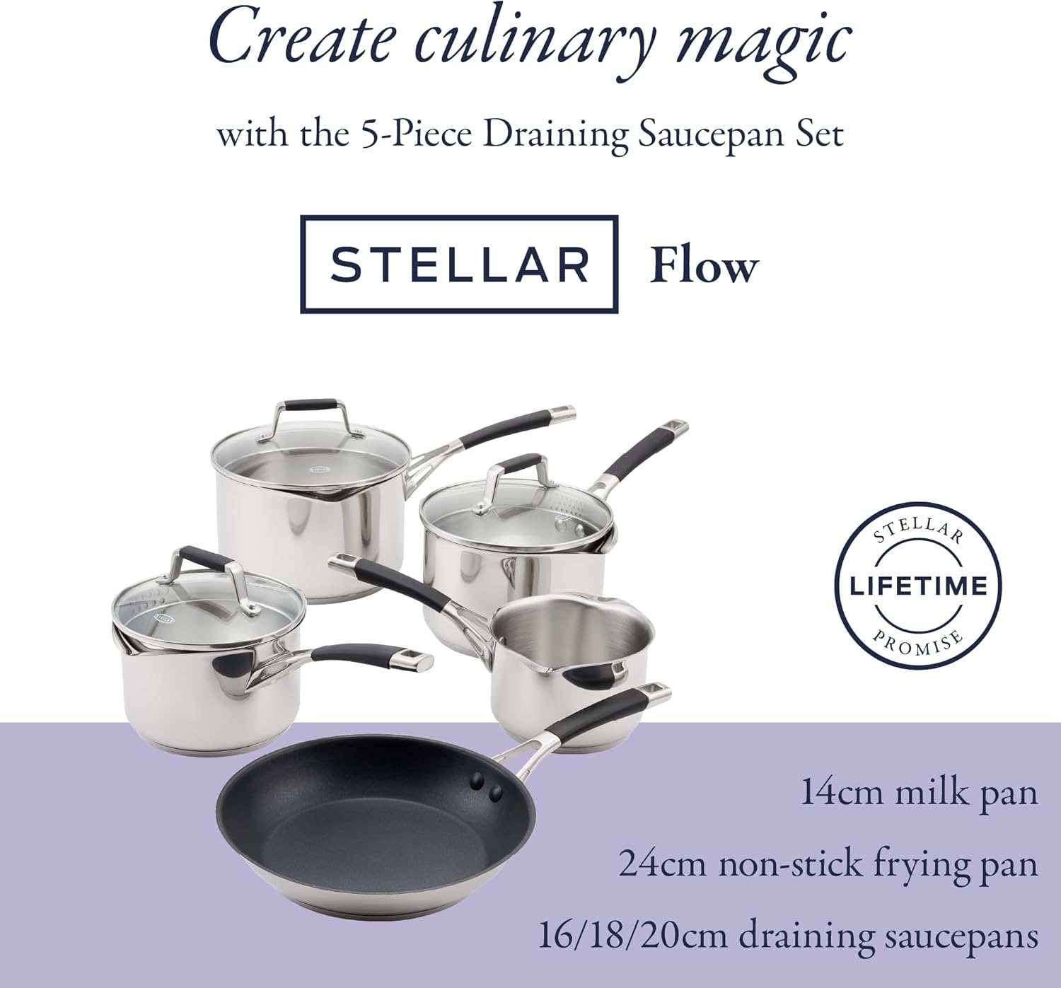 Stellar Flow 5-piece draining saucepan set with milk pan and frying pan