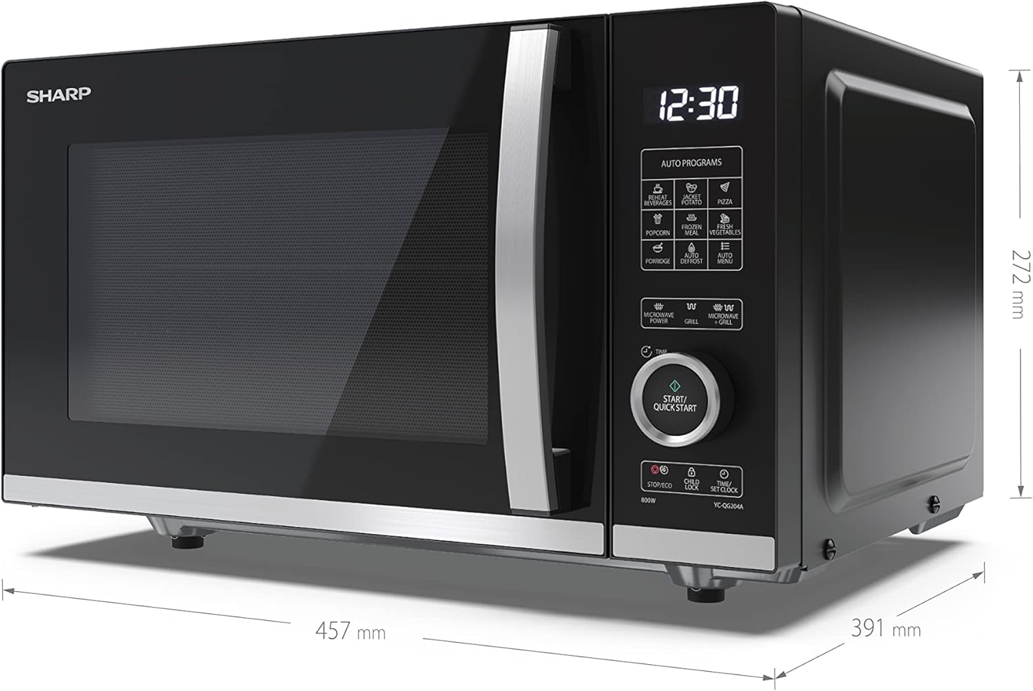 Sharp 20L 800W digital microwave with grill function, black flatbed model