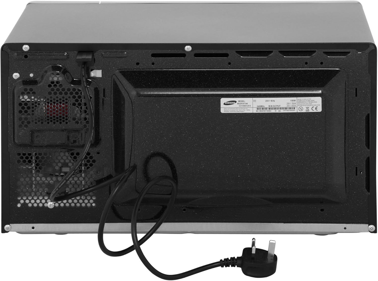Samsung MS23F301TAK solo microwave 800W 23 litre black rear view
