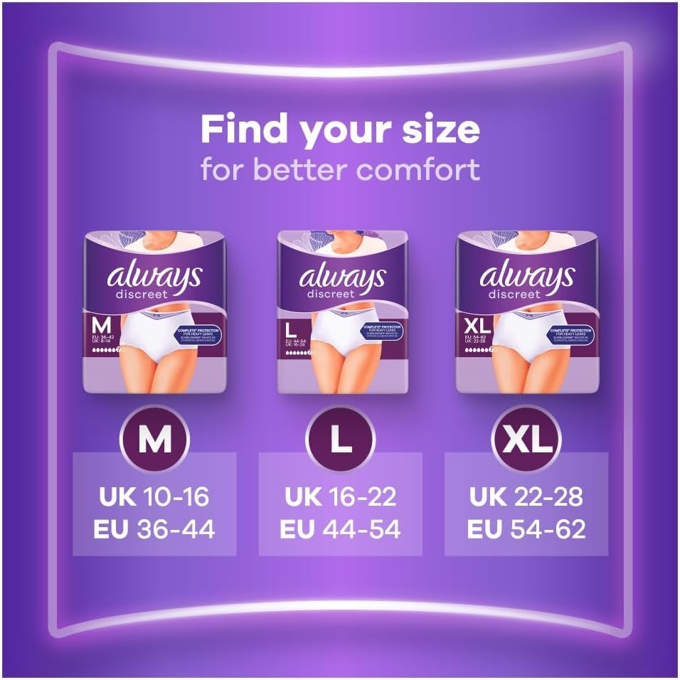 Always Discreet Incontinence Pants Plus Large size chart showing M L XL options