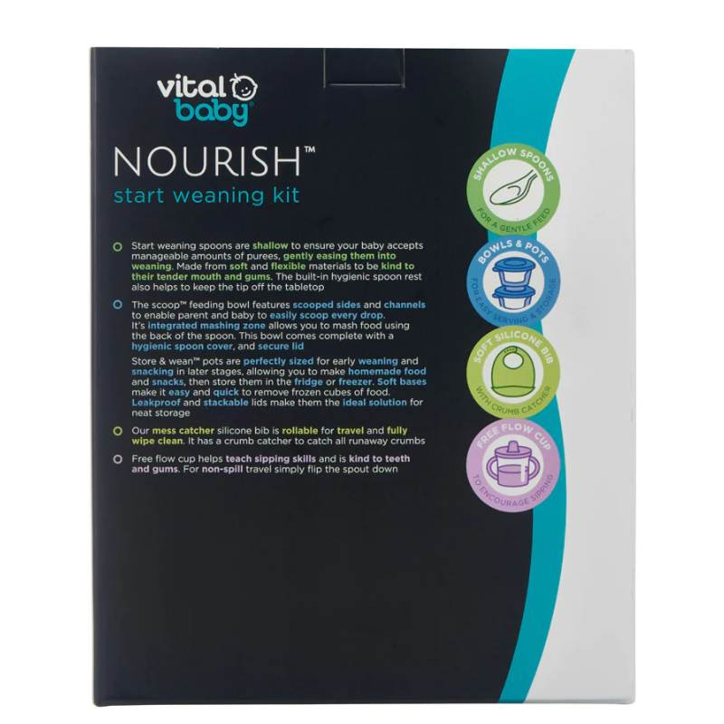 Vital Baby NOURISH Start Weaning Set Fizz four months plus package
Box back view showing product features and contents