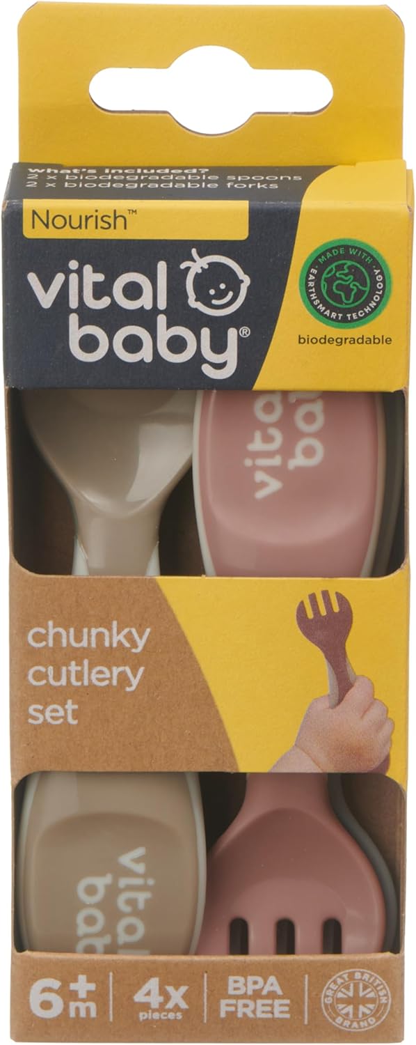 Vital Baby Nourish Chunky Feeding Spoons, biodegradable, four pieces, cream and pink