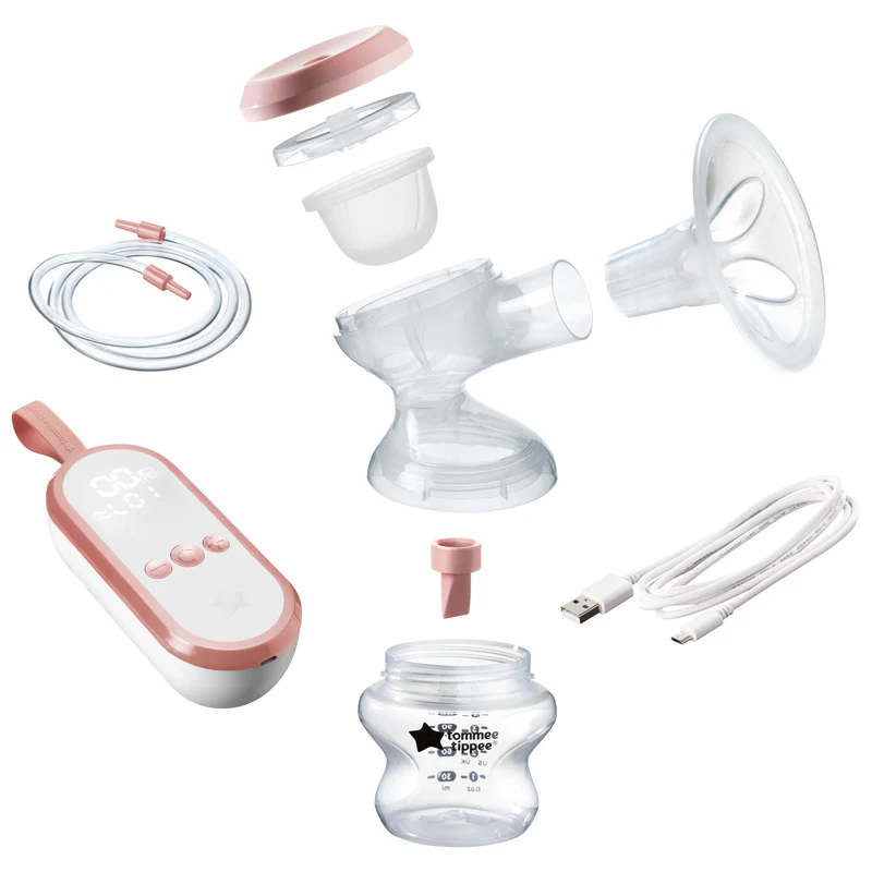 Tommee Tippee Made For Me single electric breast pump with accessories and storage bottle