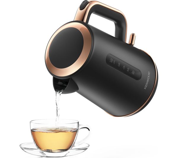 Kenwood Abbey Lux water kettle 1.7L dark grey and rose gold pouring into cup