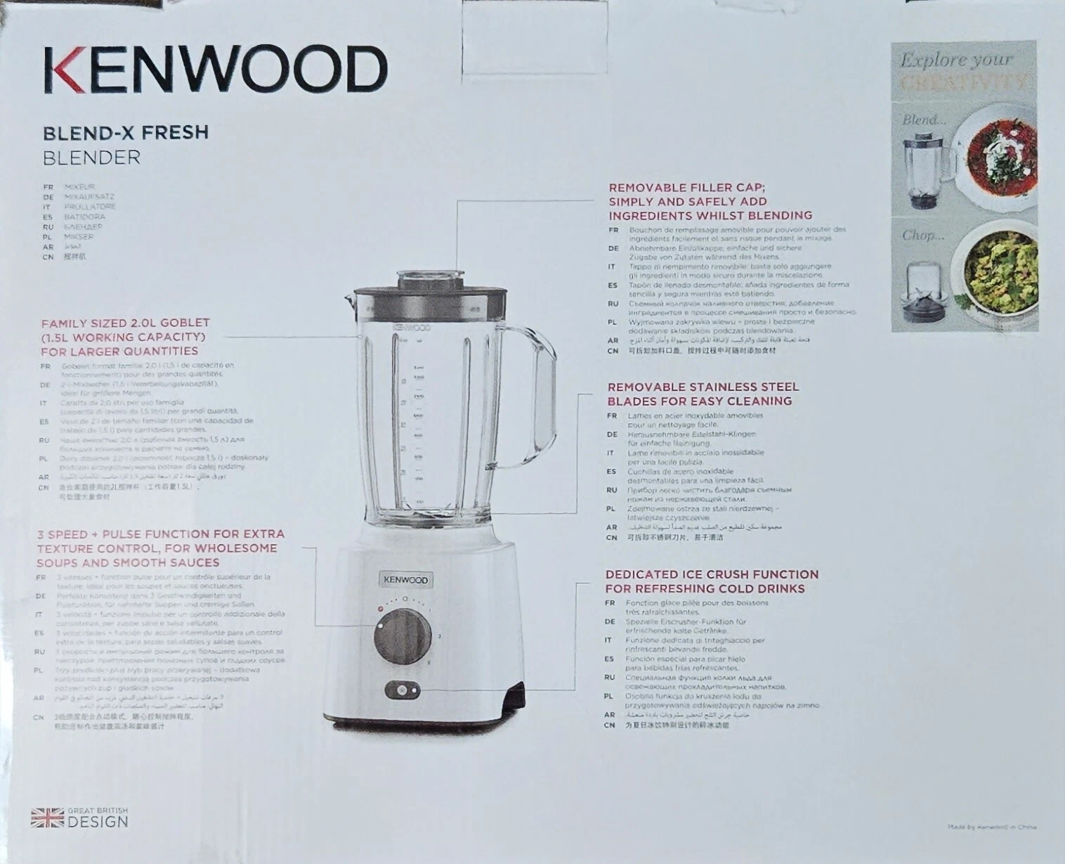 Kenwood Blend-X Fresh white blender with 2.0L glass goblet and stainless steel blades