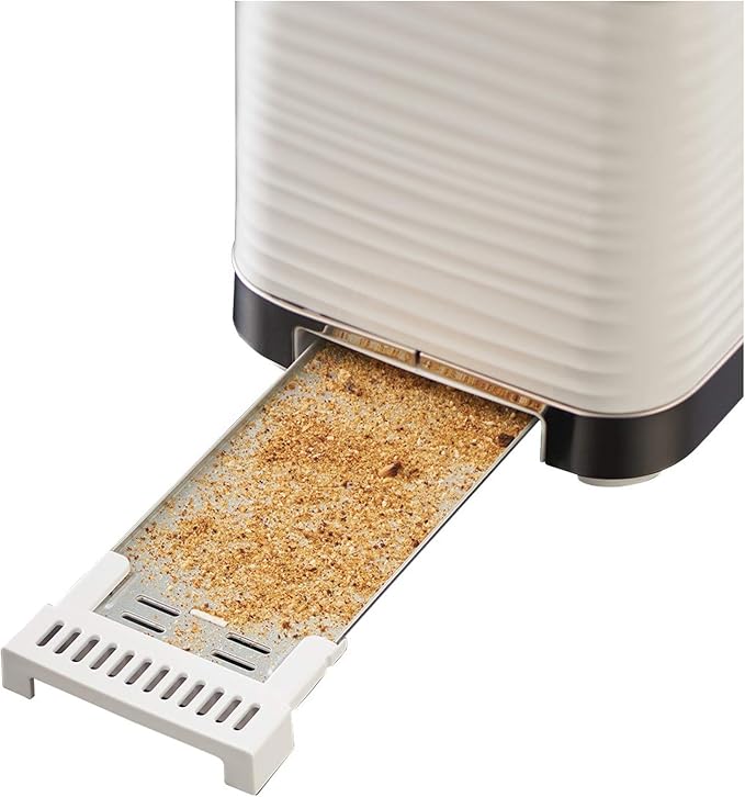 Russell Hobbs Inspire 24370 white 2-slice toaster with crumb tray open