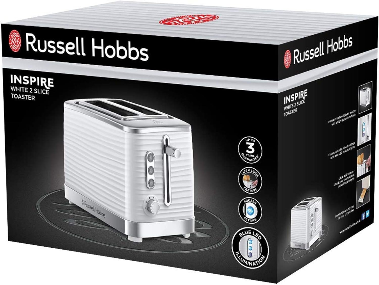 Russell Hobbs Inspire white 2-slice toaster with chrome accents