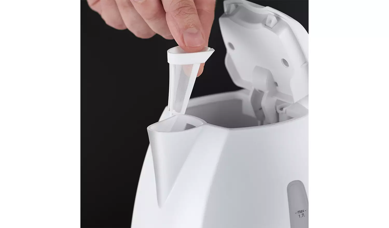 Russell Hobbs white electric kettle 1.7L with removable filter shown open