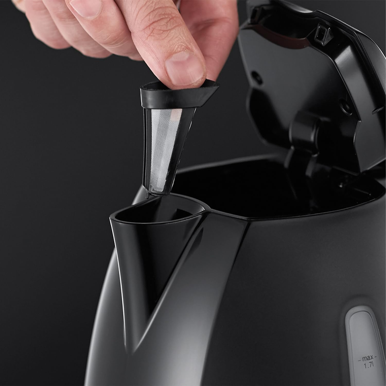 Russell Hobbs black electric kettle with removable filter and 1.7L capacity
