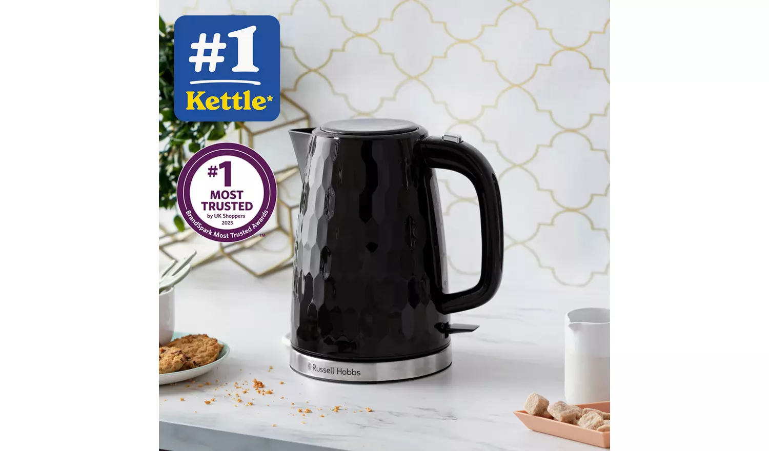 Russell Hobbs Honeycomb black plastic electric kettle with stainless steel base