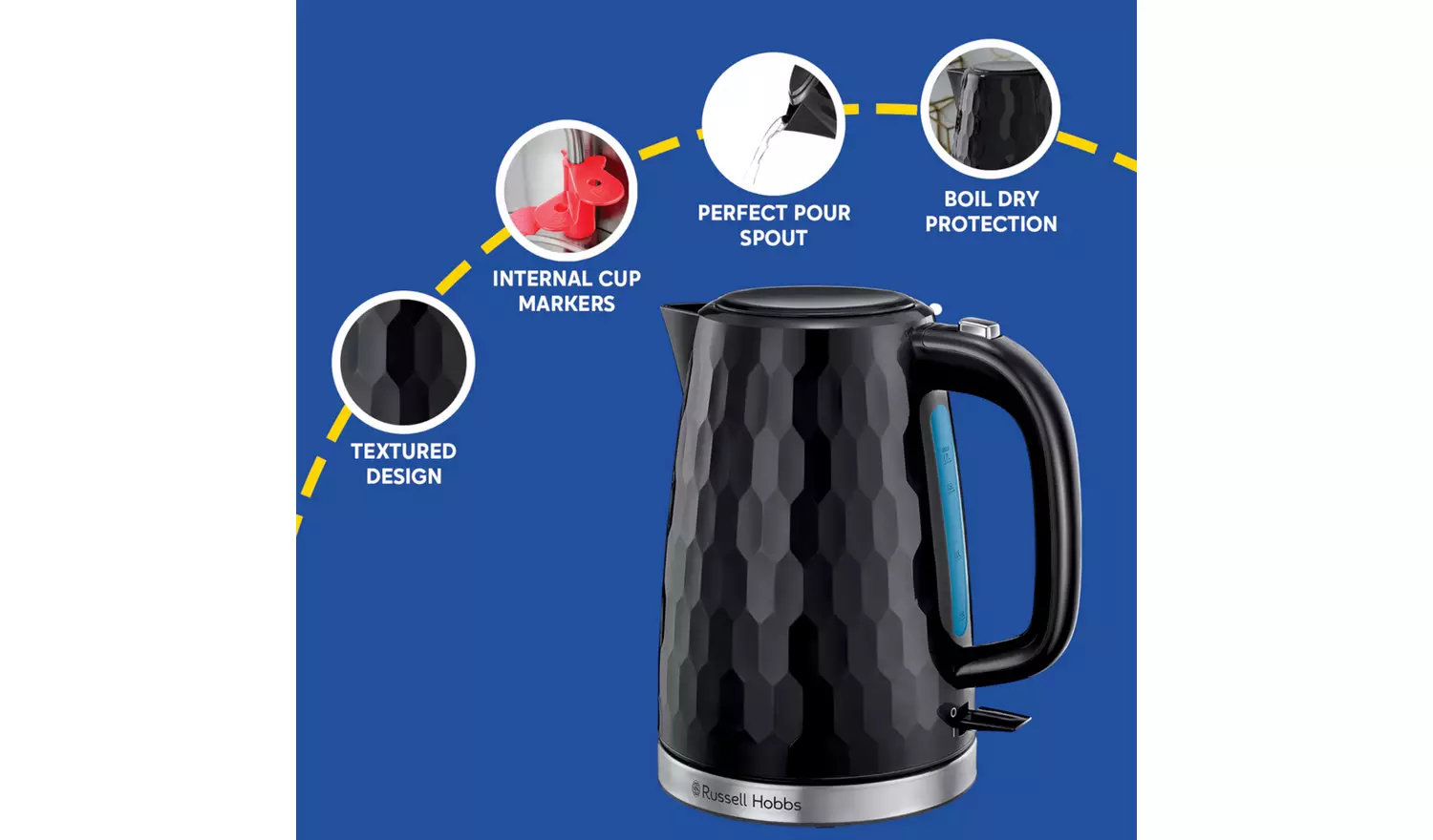 Russell Hobbs Honeycomb black plastic kettle with textured design and perfect pour spout