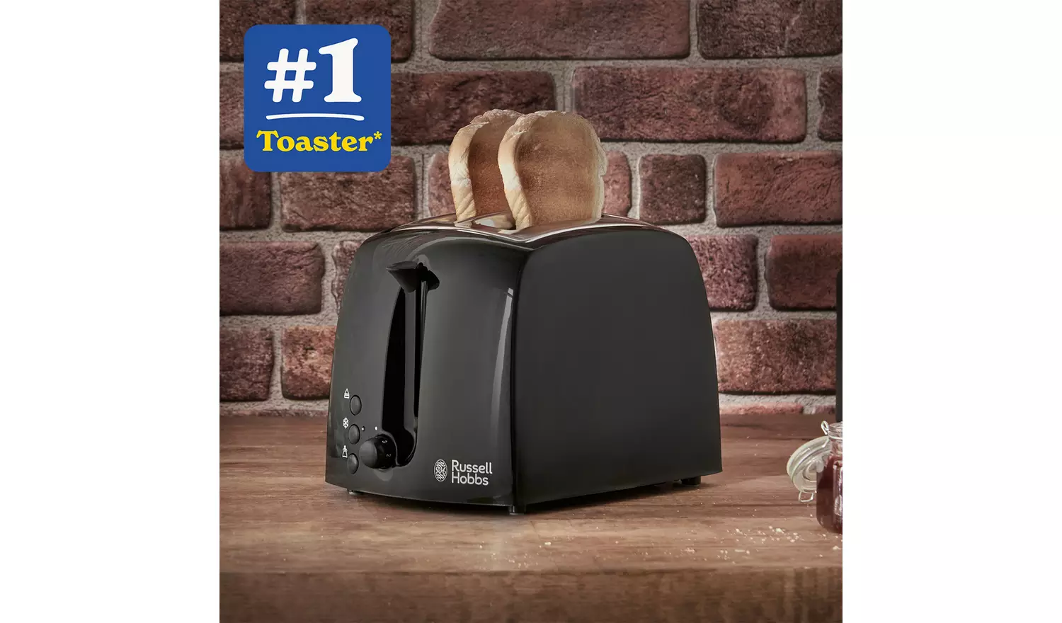Russell Hobbs Textures black two slice toaster with toast displayed