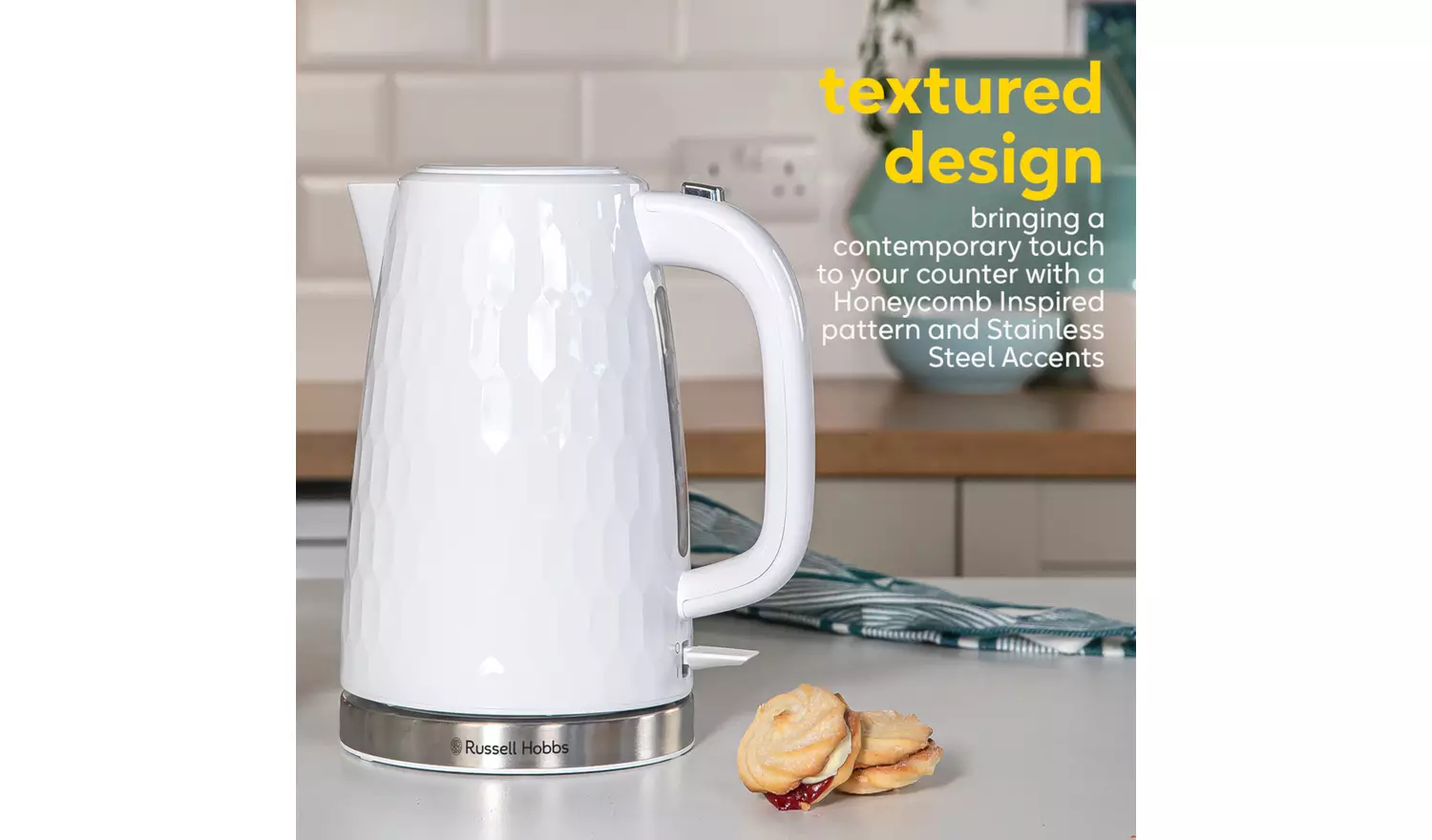 Russell Hobbs Honeycomb white plastic kettle with stainless steel base