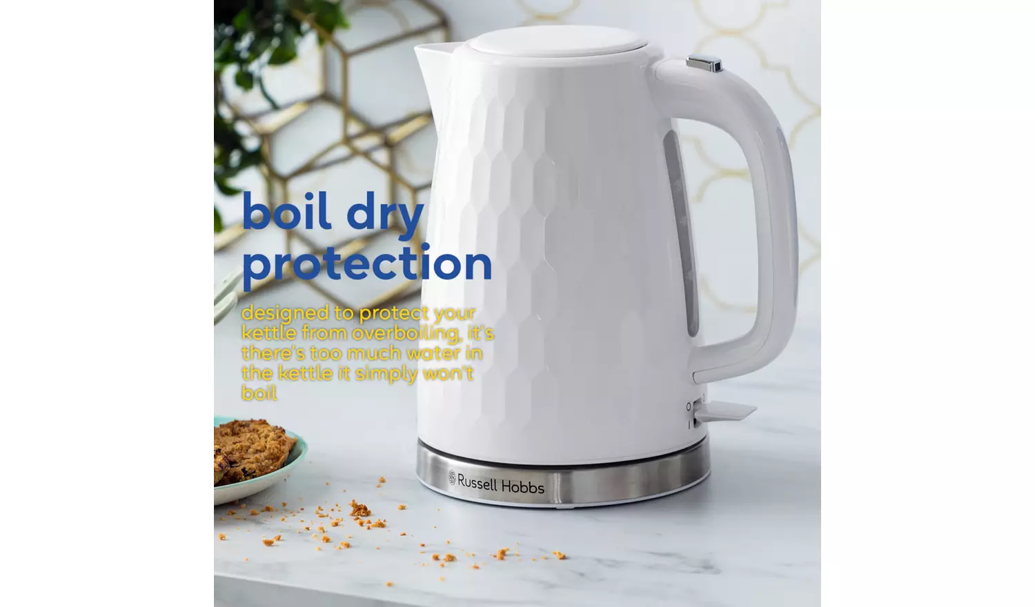 Russell Hobbs Honeycomb white plastic kettle with boil dry protection feature