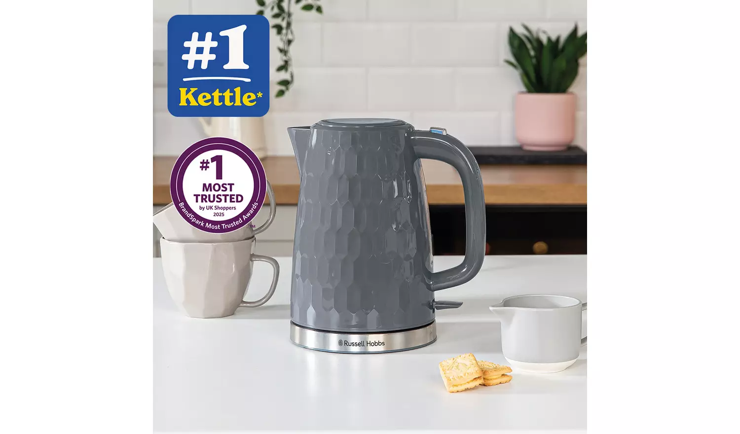 Russell Hobbs Honeycomb grey plastic kettle with stainless steel base