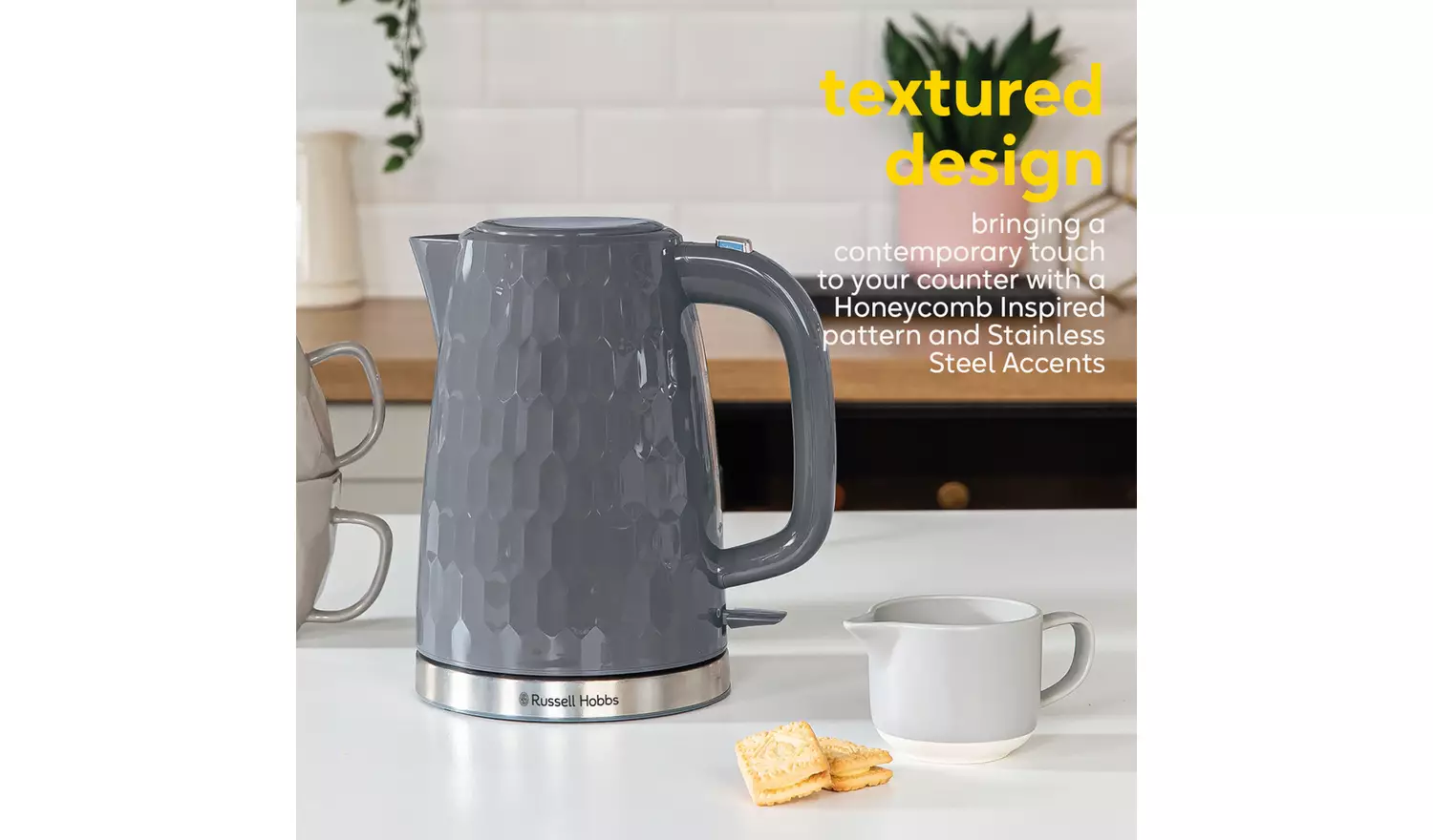 Russell Hobbs Honeycomb grey plastic kettle with stainless steel base and handle