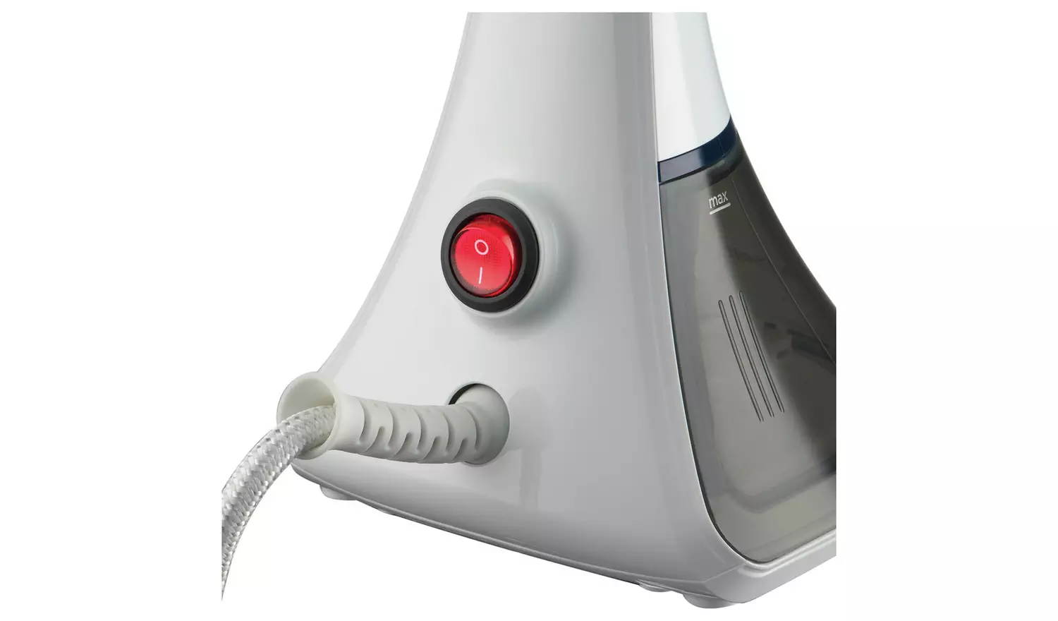 Russell Hobbs Steam Genie Essential white garment steamer with red power button