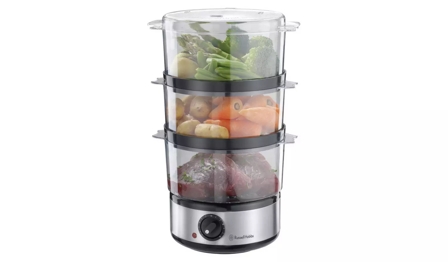 Russell Hobbs 3 tier plastic food steamer with vegetables and meat in tiers
